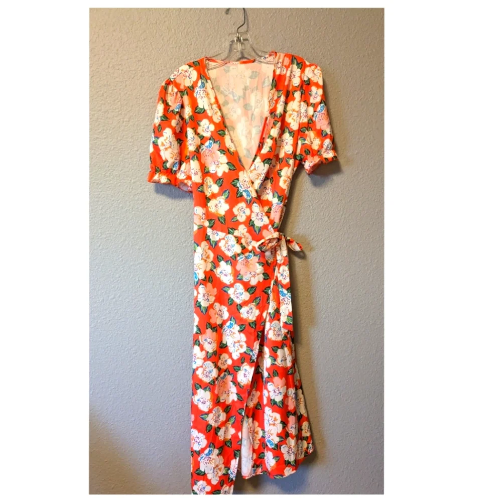 💥SALE💥 Romantic Orange Wrap Dress Floral Fluffy Sleeves Cross V Neck Sz L - Picture 6 of 10